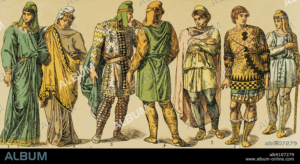 Ancient Age. Anatolian Peninsula. Lydians, Phrygians and Trojans. From left to right; 1: Phrygian and Lydian dress, 2: shawl, 3-4: more modern Persian-style dress, 5: Persian-style dress with two belts, 6-7: overlapping dresses, one with sleeves only. Chromolithography. "Historia Universal" (Universal History) by Cesar Cantu. Volume I, 1881.