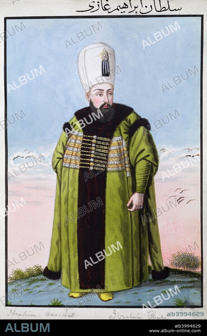 Ibrahim I, Ottoman Emperor, (1808). Ibrahim (1615-48) succeeded his brother Murat IV as Sultan in 1640. Mentally unstable, his reign was disastrous for the empire and was brought to an end when he was deposed in a coup by the Grand Mufti in 1648. From A series of Portraits of the Emperors of Turkey, 1808.