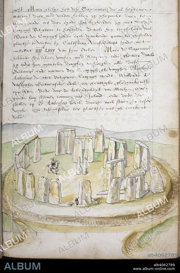 LUCAS DE HEERE. Drawing of Stonehenge, co. Wilts. Corte Beschryvinghe van Engheland, Schotland, ende Irland (Description of England, Scotland and Ireland.). England, London, 1573-1575. Source: Add. 28330 f.36. Language: Dutch.