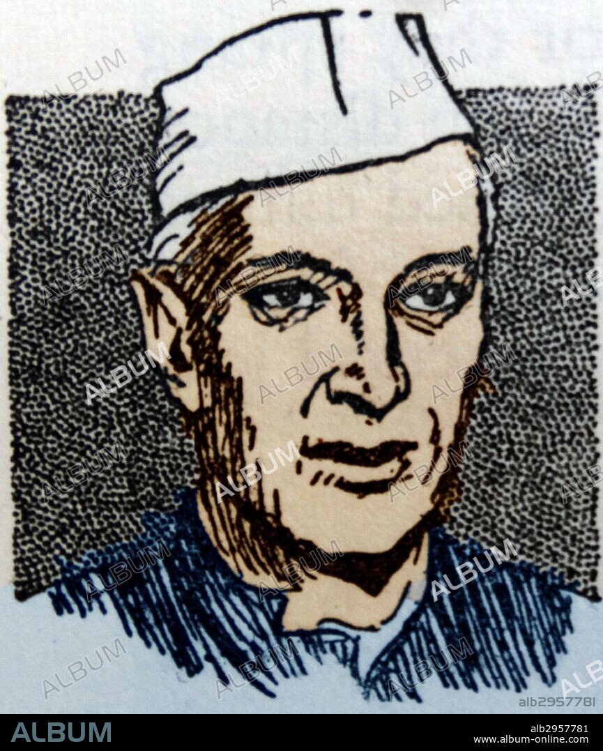 Colour line drawing of Jawaharlal Nehru (1889-1964) first Prime Minister of India and a central figure in Indian politics. Dated 1940.
