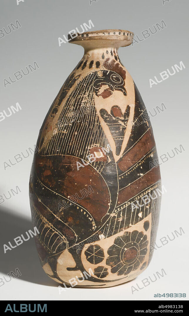 Middle to late Corinthian alabastron. Decoration of bird (cock) with spread wings. The Erlenmeyer Painter. Erlenmyer painter, vase, alabaster, pottery, blackfine, Corinthian, middle Corinthian.