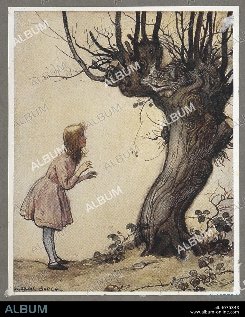 GEORGE SOPER and DODGSON, CHARLES LUTWIDGE, PSEUD. LEWIS CARROLL. `All right,' said the Cat; and this time it vanished quite slowly, beginning with the end of the tail, and ending with the grin, which remained some time after the rest of it had gone.'  Alice and the Cheshire cat. Alice's Adventures in Wonderland. London : Headley Bros., [1911]. Source: 012809.dd.24 plate opposite page 102.