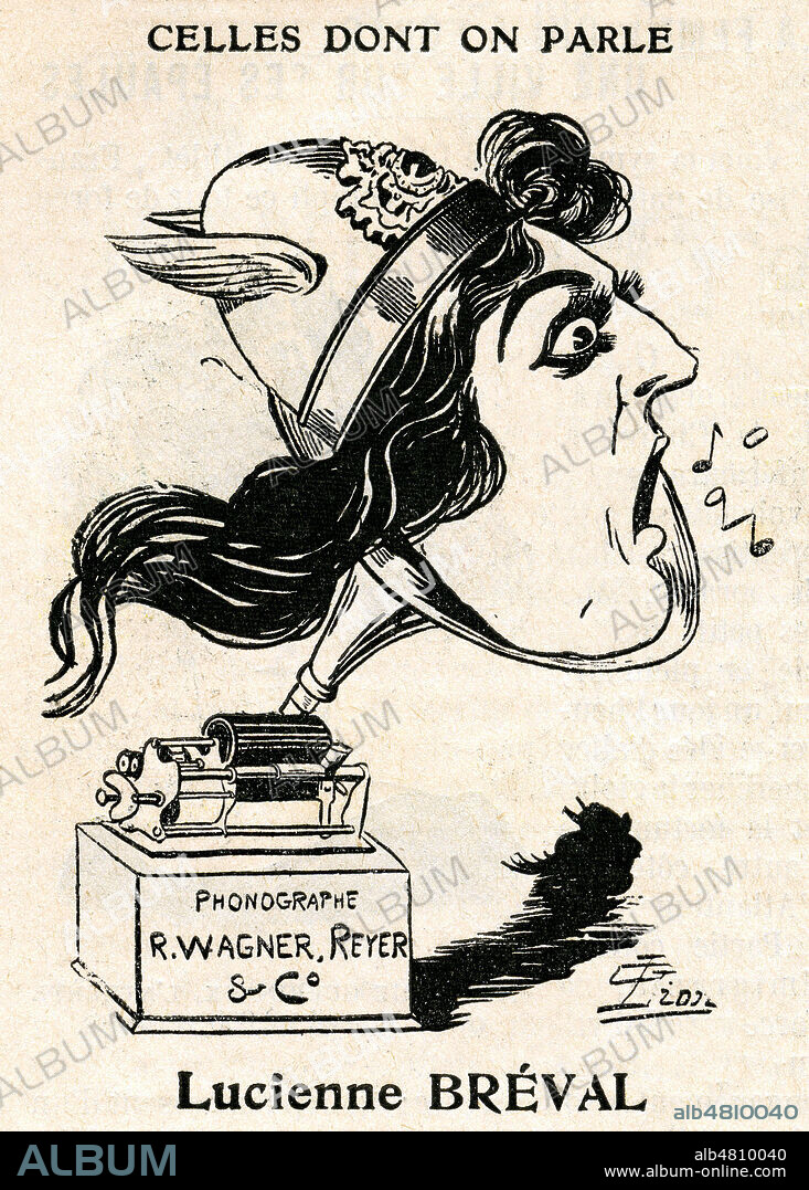 Lucienne BREVAL (1869-1935) dans son role de Valkyrie d'apres Richard WAGNER (1813-1883) et Ernest REYER (1823-1909). Caricature par Gabriel LION (ne en 1875) pour sa serie Celles de qui on parle dans Mon Dimanche du 25 decembre 1904. Credit : Collection Kharbine-Tapabor.