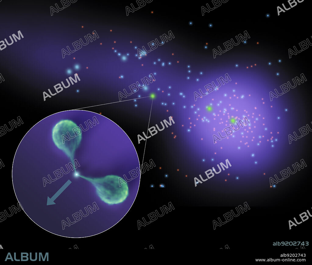 Astronomers have caught sight of an unusual galaxy that, like a lighthouse, has illuminated new details about a celestial "sandbar" connecting two massive islands of galaxies. The galaxy, which is wandering through this sandbar, or filament, has twin lobes of material jetting from its center that are bending backwards as they sweep through the filament's hot gas. The findings are a result of observations made primarily by NASA's Spitzer Space Telescopes and the Very Large Array radio telescope near Socorro, N.M. In this diagram, one of the clusters is shown to the right as a collection of galaxies, which are seen as dots. The hot gas filling the cluster and filament is illustrated with purple. The unusual galaxy and the angle of its bent lobes are illustrated in the callout. In 2008, Spitzer identified this filament, which runs from a galaxy cluster known as Abell 1763. Later, Spitzer data helped narrow in on the unusual galaxy, and led to follow-up radio observations that were that were used to find and measure the angles of the lobes. Astronomers measured the curve of these lobes to gauge the density of particles in the intergalactic filament. Such rare, arced galaxies could be used to find and study the hard-to-see intergalactic filaments that link up galaxy clusters and offer ideal environments for forming new stars. Infrared-bright galaxies measured by Spitzer are represented in the diagram with blue colors, and the brightest "starburst" galaxies are the largest dots. Radio-bright galaxies, including the one sweeping through the filament, are shaded green.