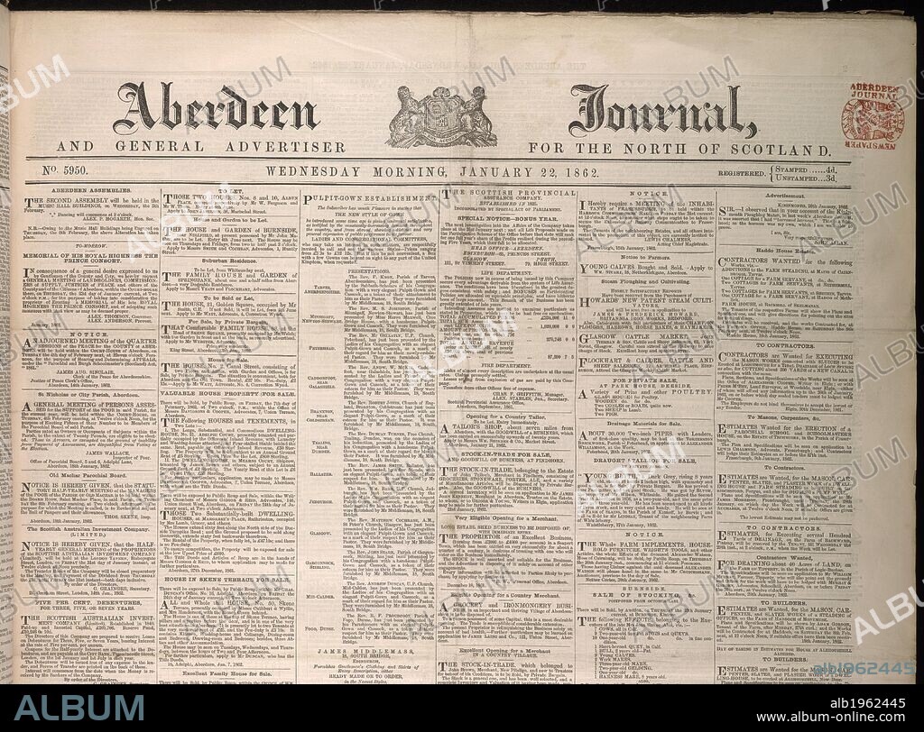 Front Page of Aberdeen Journal on the 22nd January 1862. Scottish daily newspaper. Printed news. . Aberdeen Journal. Aberdeen. Source: Aberdeen Journal 22/01/1862. Language: English.