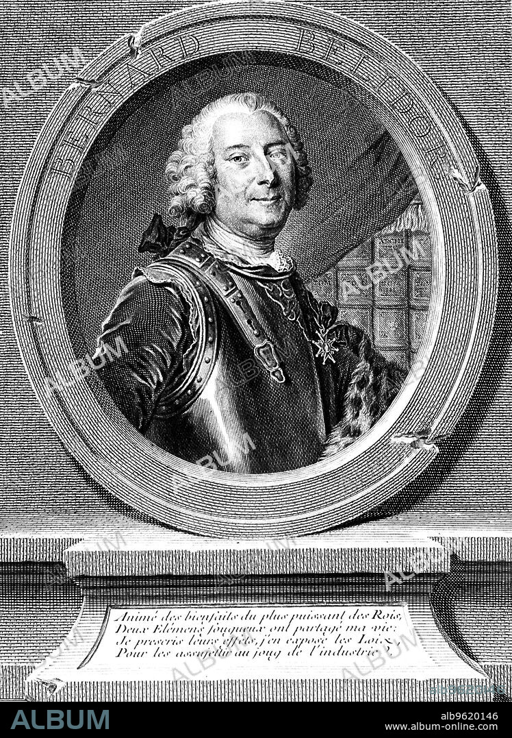 Bernard Forest Belidor (1693-c1761), French military and civil engineer, 1737. Frontispiece from his Architecture Hydraulique (Paris, 1737), the first work on engineering to apply integral calculus to practical problems.