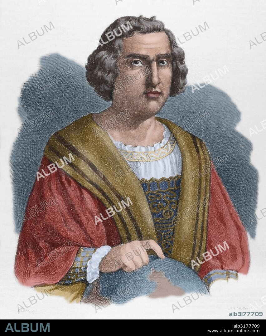 Christopher Columbus (1451-1506) . Navigator, colonizer, and explorer. Engraving in Spain Illustrated History, 19th century. Colored.