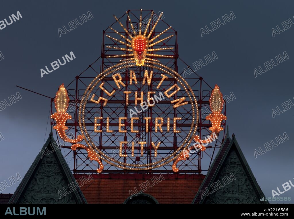 Historic Electric City sign, restored in 2008, shines again. Scranton, Pennsylvania.