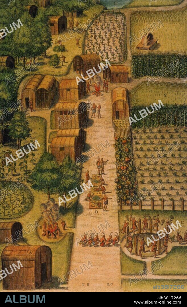 Painting by John White of an Algonquian village on the Pamilco River estuary in what is now North Carolina, showing Native structures, agriculture, and spiritual life.