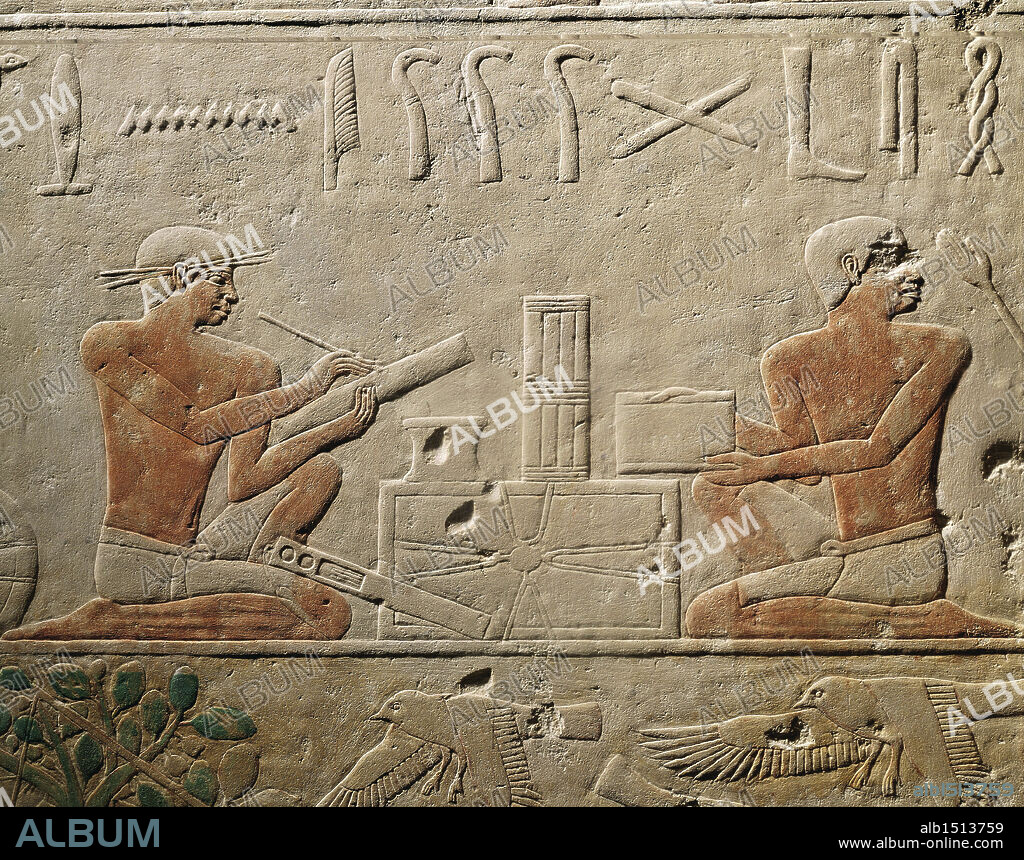 Egyptian civilization, Old Kingdom, Dynasty V. Relief depicting two scribes, 2400 b.C. From the Mastaba of Akheteps at Saqqara.