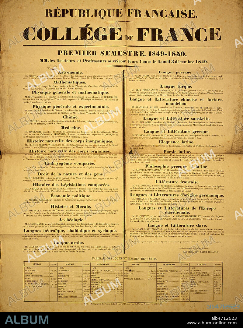 Affiche des cours delivres au College de France le premier semestre 1849-1850 dont ceux de Jules MICHELET (1798-1874), Edgar QUINET (1803-1875) ou Philarete CHASLES (1798-1873). Credit : Coll. Jean Vigne/Kharbine-Tapabor.