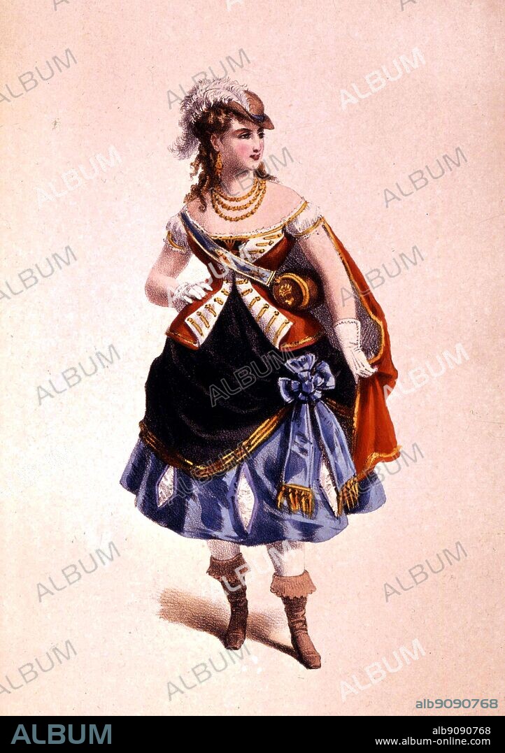 Vivandières costume 1860. La Vie Parisienne by Joanna Richardson (1860), page 91. La Vie Parisienne (Parisian Life), composed by Jacques Offenbach (1819-1880), is a five-act opera about cosmopolitan life in Paris in the 1860s. Vivandières (Hospitality giver) played an interesting, and often obscure role in the American Civil War. They travelled with soldiers for little or no pay as sutlers, mascots or nurses, while others fought alongside their male counterparts. Most Vivandières and regimental daughters were mascots, present for parades and reviews but not often seen in battle. Officially during the Civil War, the term Vivandière is usually applied only to women who served with Zouave outfits, and occasionally other ethnic units, since they were official under this title apparently only in France. The term "Vivandière", was officially replaced in 1854 by "Cantinière". During the Civil War, only women travelling with the Garibaldi Guard appear to have been called Cantinières, though even they were referred to more often as Vivandières. Many Vivandières carried a trademark cask, either round or oval, often filled with brandy or wine. Their uniforms generally consisted of jackets copied from those of their units, many times with feminine touches such as extra braid or lace. They wore men's trousers under a knee-length skirt and many Vivandières had trousers which were sewn in two sections with wool starting at the hemline, so that they appeared to be wearing the same wool trousers as their male companions.
