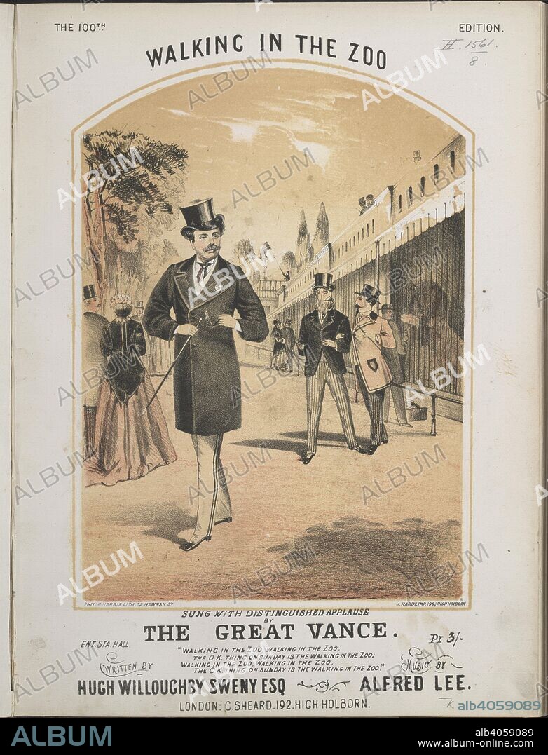 ALFRED LEE. Music cover showing 'the Great Vance' at a zoo.  Alfred Vance or 'The Great Vance', as he was known, was part of a group known as the 'Lions Comiques', who were the first great stars of the Music Hall. Their stage personas focused on 'the man about town', and would have been immediately recognisable by the audiences. It has been suggested that the success of this song actually popularised the word 'zoo' in the English language. . Walking in the Zoo. [Song, begins: "The Stilton, sir".] Written by H. W. Sweny. London, [1871]. Lithograph, coloured. Source: H.1561.(8).
