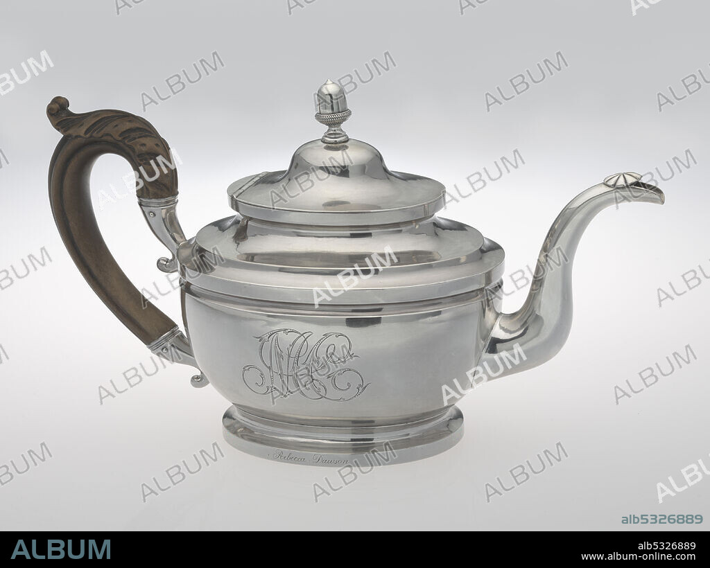 PETER BENTZON. The silver teapot has an oval vase-shape on a spreading pedestal foot, with curved spout capped by an incised patera and wooden leaf-capped scroll handle, and hinged domed cover with acorn finial. The scripted monogram "MC" has been engraved on the side and the name "Rebecca Dawson" has been engraved along the bottom rim.
