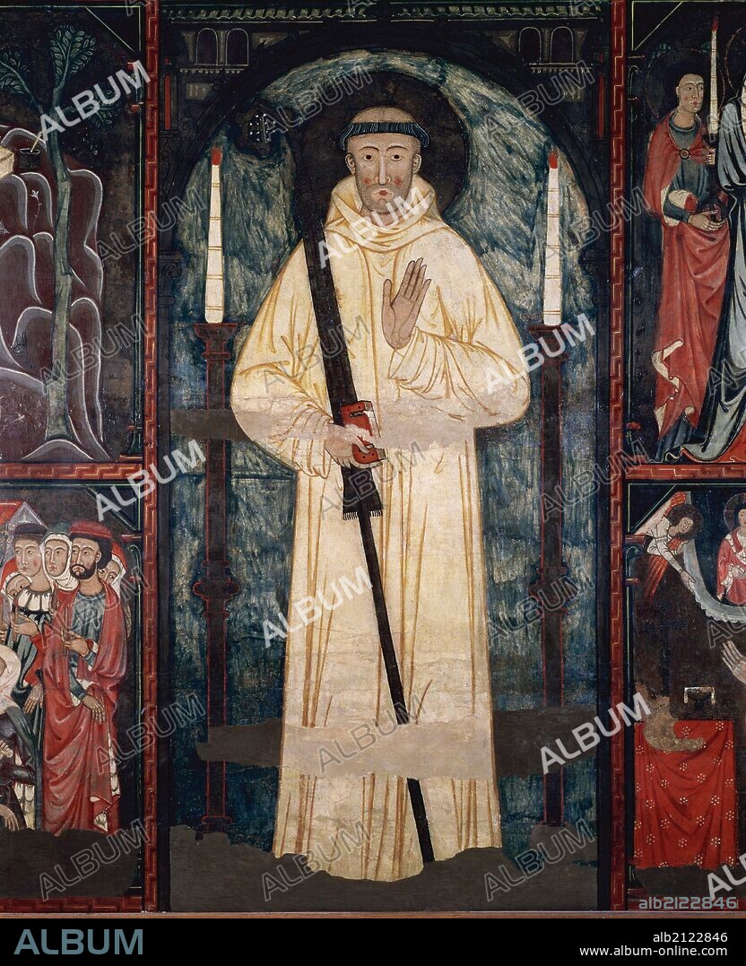 BERNARDO, San (Reus, 1180-Vic, 1243). Prelado y religioso cisterciense. Obispo de Vic. Anónimo. Finales siglo XIII. Tabla central de un retablo del Santo en actitud mayestática. Retablo de origen catalán. Tamaño del retablo: 1,53 m. alt. x 2,25 m. ancho. Procede de la Capilla de los Templarios de La Amudayna de Gumara de Palma. Museo de Mallorca. Palma de Mallorca. Islas Baleares.