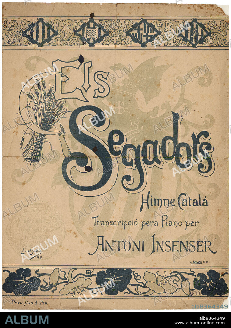 Partitura musical del himno catalán Els Segadors, de Antonio Insenser. Año 1899.