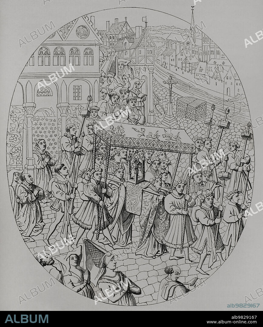 Paris, France. Procession de la Fête-Dieu (Procession of the Holy Host). Representation of the procession in the Place de Grève (now Place de l'Hôtel de Ville), descending the rue du Martroy and marching in front of the "Maison aux Piliers". Among the crowd, on the left, can be seen the French cleric Jean Juvénal des Ursins (1388-1473), kneeling in front of the reliquary, which is carried by two canons of the Sainte-Chapelle, and surrounded by the clerics of the brotherhood, crowned with rosaries of roses and holding large lighted candles. Engraving after a miniature of "Missel de Jacques Juvénal des Ursins", 15th century. "Vie Militaire et Religieuse au Moyen Age et à l'Epoque de la Renaissance". Paris, 1877.