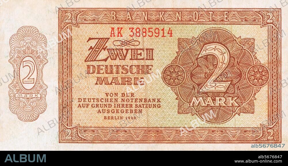 Finanzwesen / Banknoten / DDR. Zwei Deutsche Mark / Von der Deutschen Notenbank auf Grund ihrer Satzung ausgegeben / Berlin 1948. Vorderseite. Berlin, Sammlung Archiv für Kunst und Geschichte.