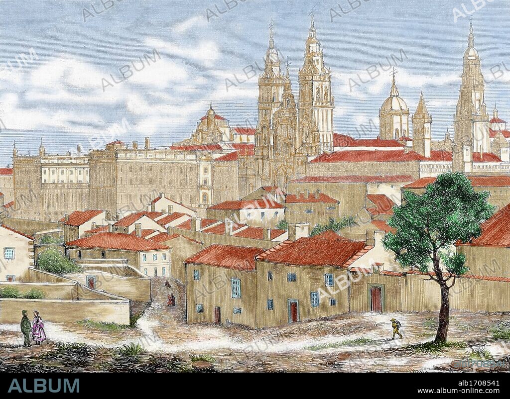 GALICIA. S. XIX. SANTIAGO DE COMPOSTELA. Vista parcial de la ciudad con la CATEDRAL al fondo. "La Ilustración Española y Americana". Grabado por Otero (1870). Coloreado.