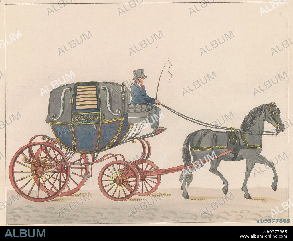Horse-drawn carriage in Amsterdam, ca. 1825, An Amsterdamsche Huurkoetsje or Brommertje, Un Fiacre de Louage en usage à Amsterdam A ij connu sous la nom de Brommertje (title on object), An Amsterdam carriage called a 'Brommertje', ca. 1825. Part of a plate work from c. 1824-1825 with 74 (unnumbered) plates of the most important topographical views and various customs in the United Kingdom of the Netherlands., print maker: Roelof van der Meulen, publisher: Evert Maaskamp (mentioned on object), print maker: Netherlands, publisher: Amsterdam, 1824 - 1830, paper, etching, height 187 mm × width 228 mm.