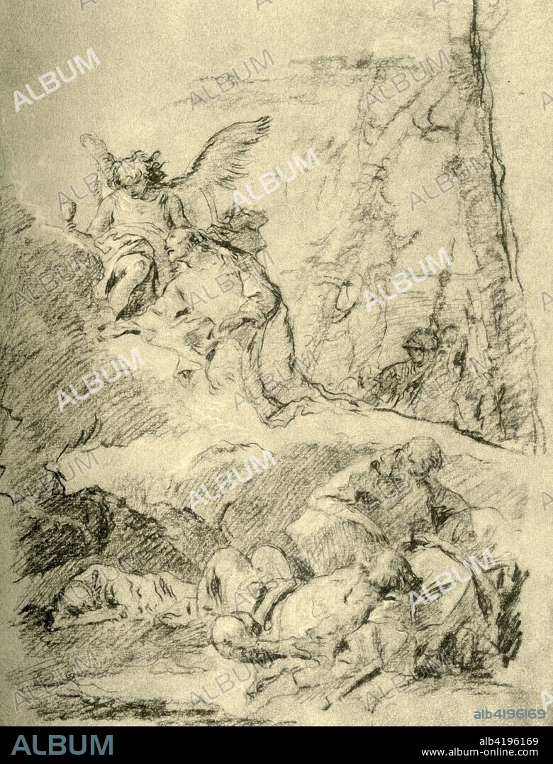 'Christ on the Mount of Olives', mid 18th century, (1928). Chalk on paper. At one time known to have been in the collection of Dr Hans Wendland, Lugano, Switzerland. From The Drawings of Giovanni Battista Tiepolo, Volume II, by Detlev Baron Von Hadeln. [The Pegasus Press, Paris, 1928]Italian Venetian painter and printmaker Giovanni Battista Tiepolo (1696-1770), worked not only in Italy, but also in Germany and Spain. He was commissioned to carry out frescoes in churches and palaces, and was elected President of the Academy of Padua. As well as his large-scale majestic works, he also produced etchings and oil paintings, and is widely regarded as one of the most important artists of the period. Illustration from The Drawings of Giovanni Battista Tiepolo, Volume II, by Detlev Baron Von Hadeln. [The Pegasus Press, Paris, 1928].