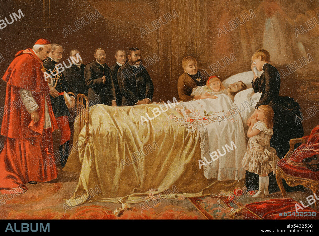 Muerte por tuberculosis del rey de España, Alfonso XII (1857-1885), el 25 de noviembre de 1885. Junto a la cabecera de la cama aparece representada su viuda, la reina Maria Cristina, segunda esposa del monarca. Ilustración a partir del cuadro de Benlliure y Gil ("Muerte de don Alfonso XII, el último beso"). Cromolitografía. Historia General de España por Miguel Morayta. Tomo IX. Madrid, 1896.