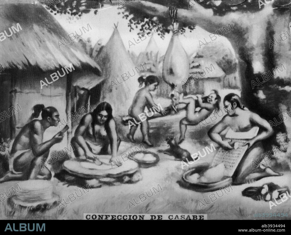 The Casabe was prepared by the natives of Cuba, native people of good nature, peaceful, loving and of clear intelligence. They lived in peace with the peoples of the various regions of the island, and only had had to  defend themesleves from  the invasions of the Caribbean.Cigar card from the History of Cuba, Geografico Universal, Propaganda de los Cigarros Susini y La Corona, Tabacalera Cubana.