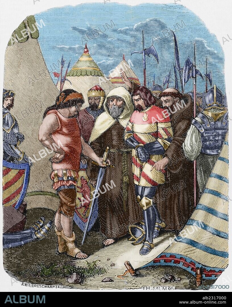 LOUIS II DE LA TREMOILLE (1460-1525). Noble francés y general que participó en la Guerra Loca y en las Guerras italianas. Sirvió a los reyes Luis XI de Francia, Carlos VIII de Francia, Luis XII de Francia y Francisco I de Francia. "La Trémoille decidiendo dar muerte a los complices del duque de Orleans", durante la Guerra Loca. Grabado por E. Deschamps. "Biblioteca Universal". Ediciones Populares, 1851. Coloreado.