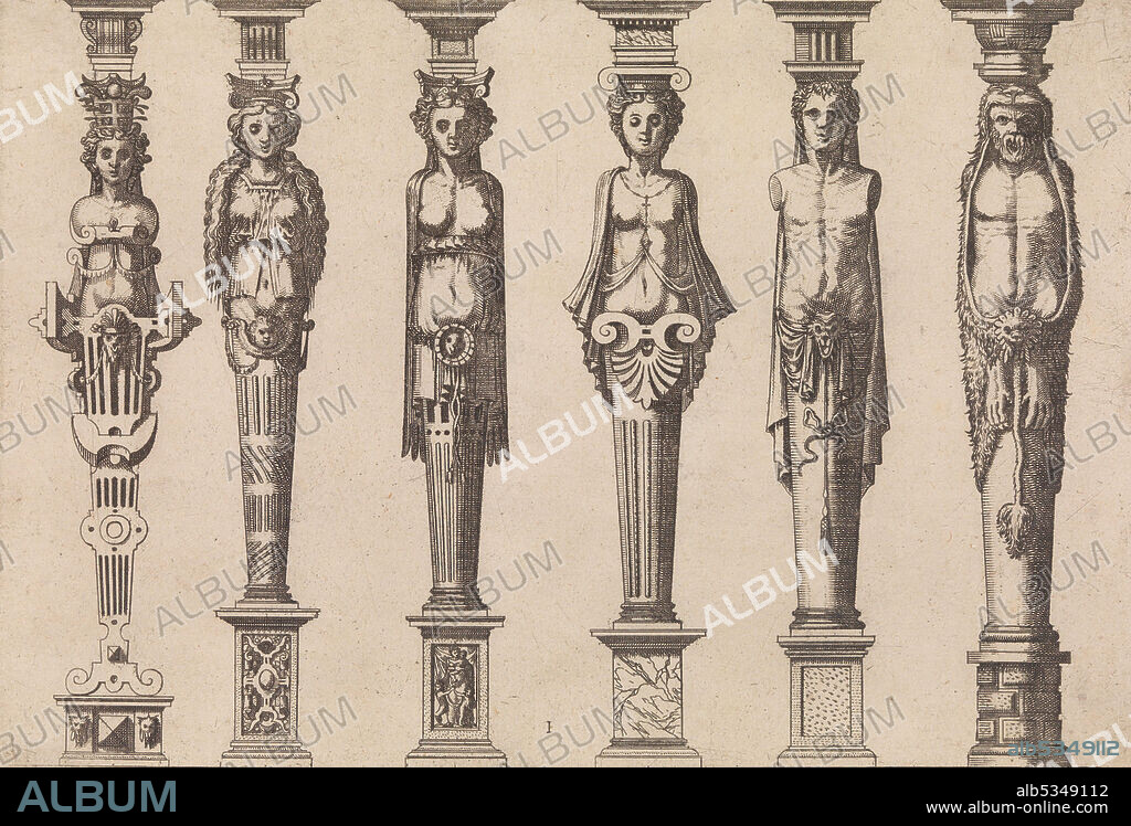 LUCAS VAN DOETECUM and JOHANNES VAN DOETECUM I. Six herms, four female and two male, with Hercules at far right, ca. 1565. Plate 1, from Caryatidum [...] sive Athlantidum multiformium ad quemlibet Architecture ordinem Accommodatarum centuria prima [...], a work on architectural orders of the 1st century.