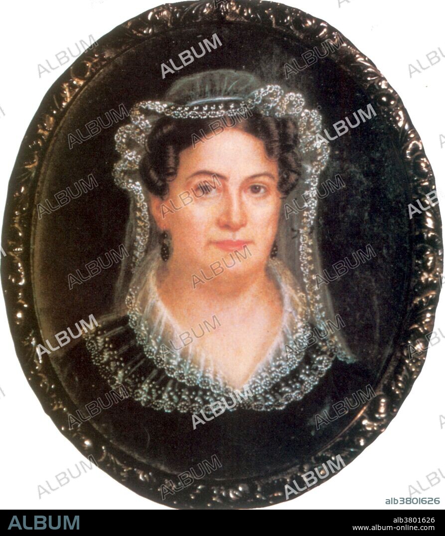 Rachel Donelson Robards Jackson (June 15, 1767 - December 22, 1828) was the wife of Andrew Jackson, the 7th President of the United States. She lived with him at their home at The Hermitage, but died before his inauguration in 1829, and therefore was never First Lady. Her first marriage to Captain Lewis Robards was not a happy affair, and the two separated in 1790. When Andrew Jackson migrated to Nashville, Tennessee in 1788, he boarded with Rachel Stockley Donelson, the mother of Rachel Donelson Robards. Shortly after, they married in Natchez, Mississippi, believing that her husband had obtained a divorce. As the divorce had never been completed, their marriage was technically bigamous and therefore invalid. Later, Rachel ensured the divorce was completed. She and Jackson remarried in 1794. She died suddenly in 1828, probably of a heart attack. That her death came immediately before Jackson left for Washington. He held her body tightly until he was pulled away, and he lingered at the Hermitage until the latest possible date. was grief stricken by her death. He never remarried. Painting by Louisa Catherine Stroebel.