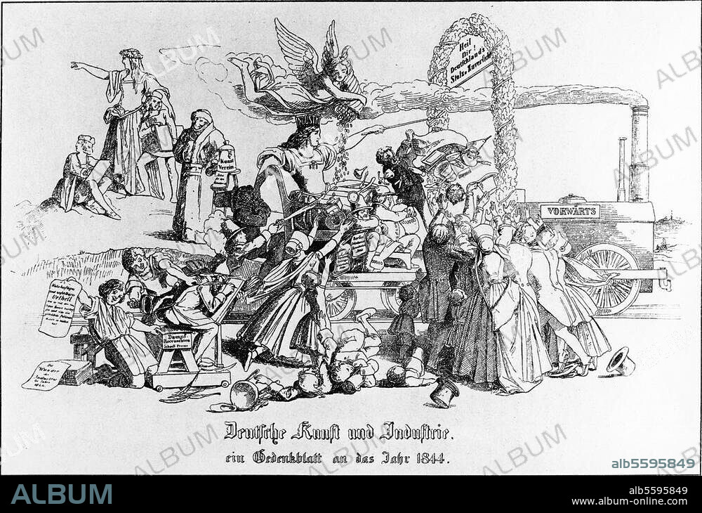 ANONYM. Geschichte, 1844. "Deutsche Kunst und Industrie. Ein Gedenkblatt an das Jahr 1844". (Allegorie auf den Segen von Eisenbahn und Schnellpresse; im Gegensatz dazu die rückwärtsgewandte Kunst). Federlithographie, 1844.