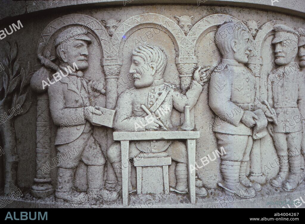 Waggoners Memorial, Sledmere, East Yorkshire, England, 20th century. A memorial to the men of the Waggoners Reserve,  a regiment raised from the local population to fight in the First World War, showing men joining the arm to fight in the Great War. Designed by Sir Mark Sykes, 6th baronet.