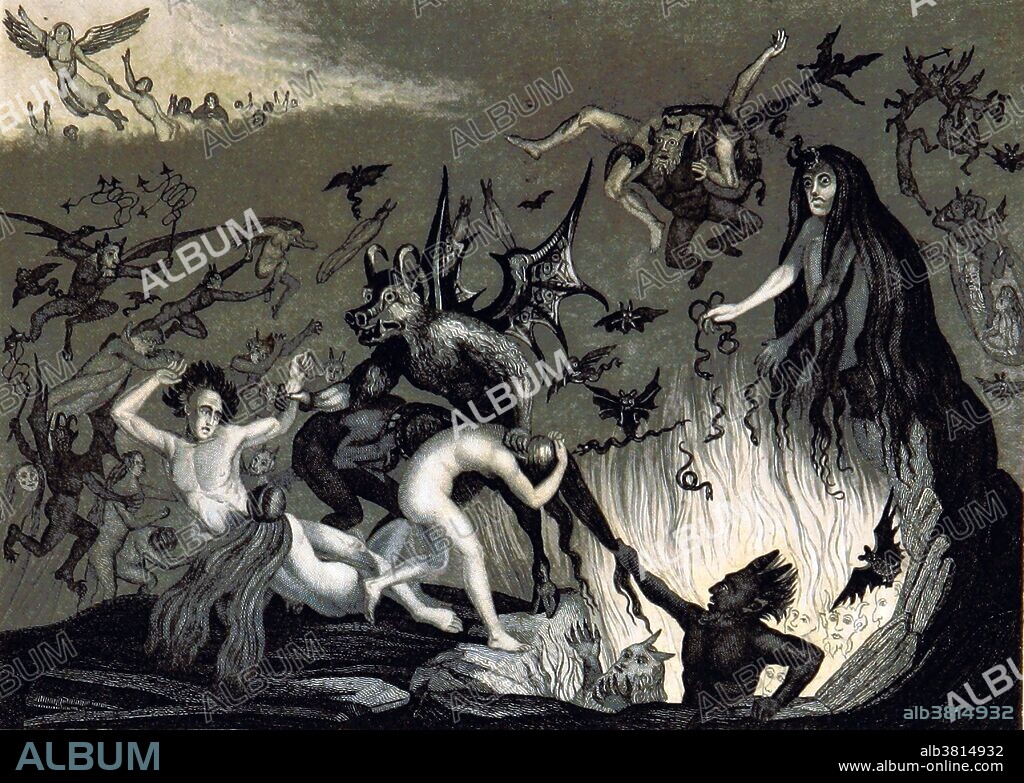 In many mythological, folklore and religious traditions, hell is a place of torment and punishment in an afterlife. It is viewed by most Abrahamic traditions as punishment. Religions with a linear divine history often depict hells as eternal destinations. Religions with a cyclic history often depict a hell as an intermediary period between incarnations. Typically these traditions locate hell in another dimension or under the Earth's surface and often include entrances to Hell from the land of the living. Other traditions, which do not conceive of the afterlife as a place of punishment or reward, merely describe hell as an abode of the dead, the grave, a neutral place located under the surface of Earth (sheol and Hades). Hell is sometimes portrayed as populated with demons who torment those dwelling there. Many are ruled by a death god such as Nergal, Hades, Hel, Enma or the Devil. Image taken from page 411 of "Das Welttheater, oder die allgemeine Weltgeschichte von der SchÃ¶pfung bis zum Jahr 1840" by C. Strahlheim, 1834.