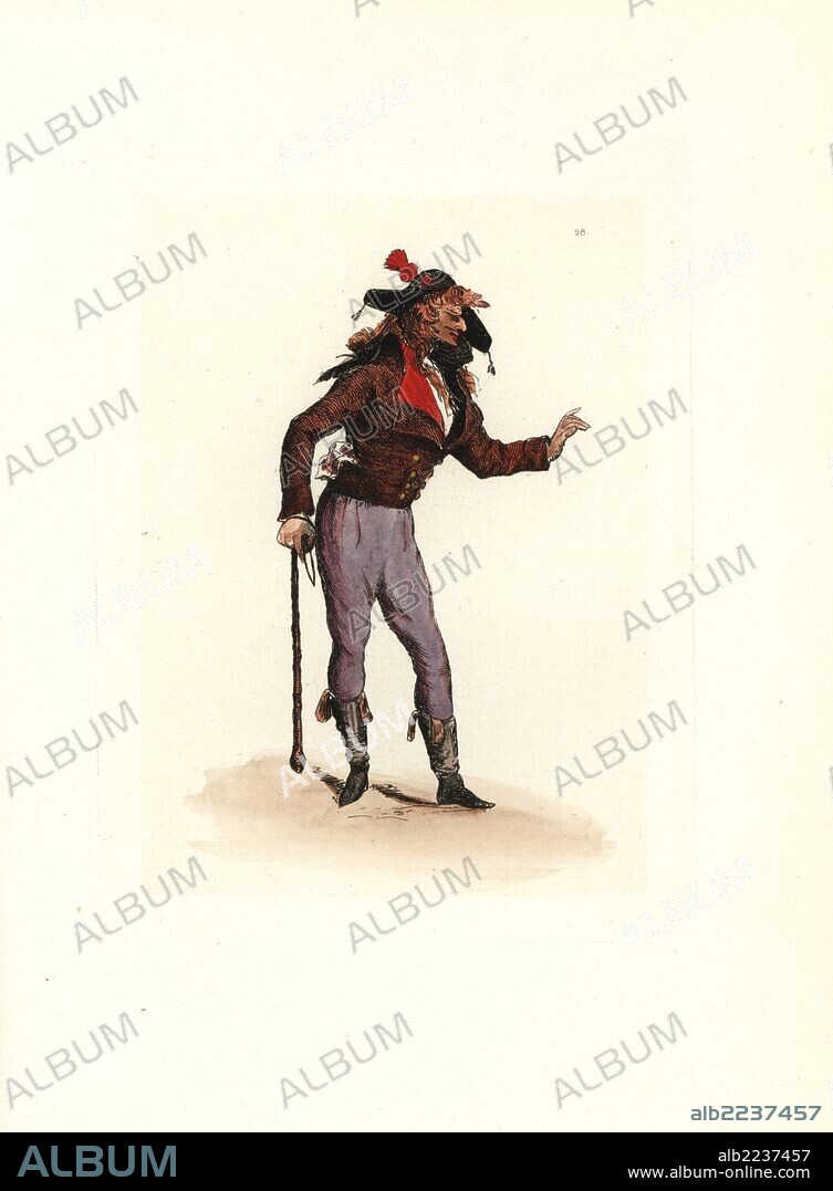 Costume of Courtier-Marron, agent provocateur. He wears a foxskin hat or soldier's bicorn, short brown jacket of barracan, grey wool trousers, short leather boots, holding a cudgel. His unusual hairstyle was seen generally on deserters or soldiers on leave. Handcoloured etching by Auguste Etienne Guillaumot Jr. from "Costumes of the Directory," Rouquette, Paris, 1875. The etchings were made from designs by Eugene Lacoste and Draner after prints of the era 1795-99. The costumes are from theatre productions "Merveilleuses" and "Pres Saint-Gervais" by Victorien Sardou.