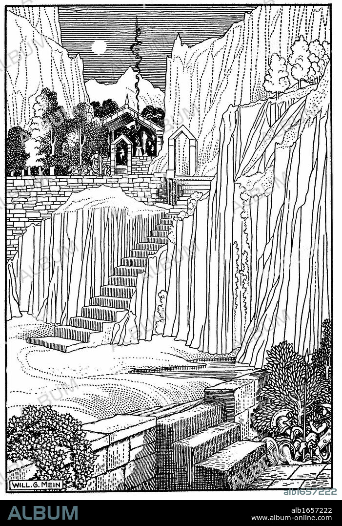 Spartans asking Oracle at Delphi whether to make war against Athenians. Peloponnesian War (Second or Great 431-404BC) between Athens and Sparta. Wood engraving 1910. Priestess of temple of Apollo at Delphi (Delphos now Kastri), known as Pythia, most famous Ancient Greek oracle. Position held by celibate woman over 50 whose words were delivered to supplicant in often ambiguous verse by priests. Suppressed by Theodosius 4th century AD. Greeks considered Delphi at foot of Mount Parnassus to be navel of the world.