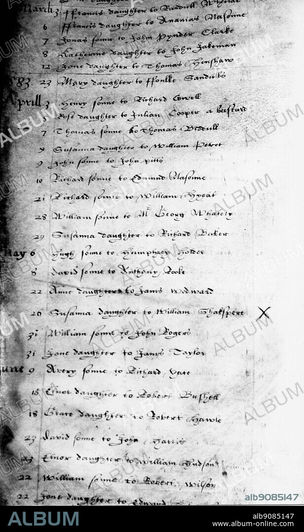 Entry in the Stratford Upon Avon parish register of the baptism of Susanna Shakespeare. 26 April 1583.