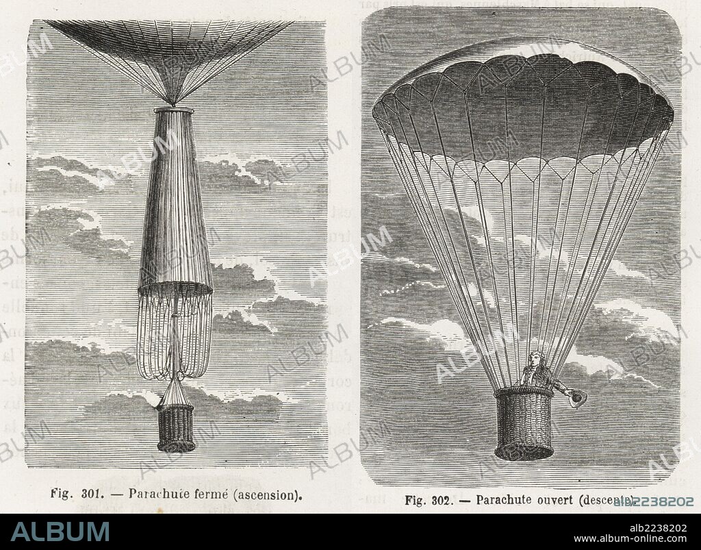 Andre-Jacques Garnerin and his parachute: closed for ascent beneath a balloon, and open for descent. Woodblock engraving from Louis Figuier's "Les Merveilles de la Science: Aerostats" (Marvels of Science: Air Balloons), Furne, Jouvet et Cie, Paris, 1868.