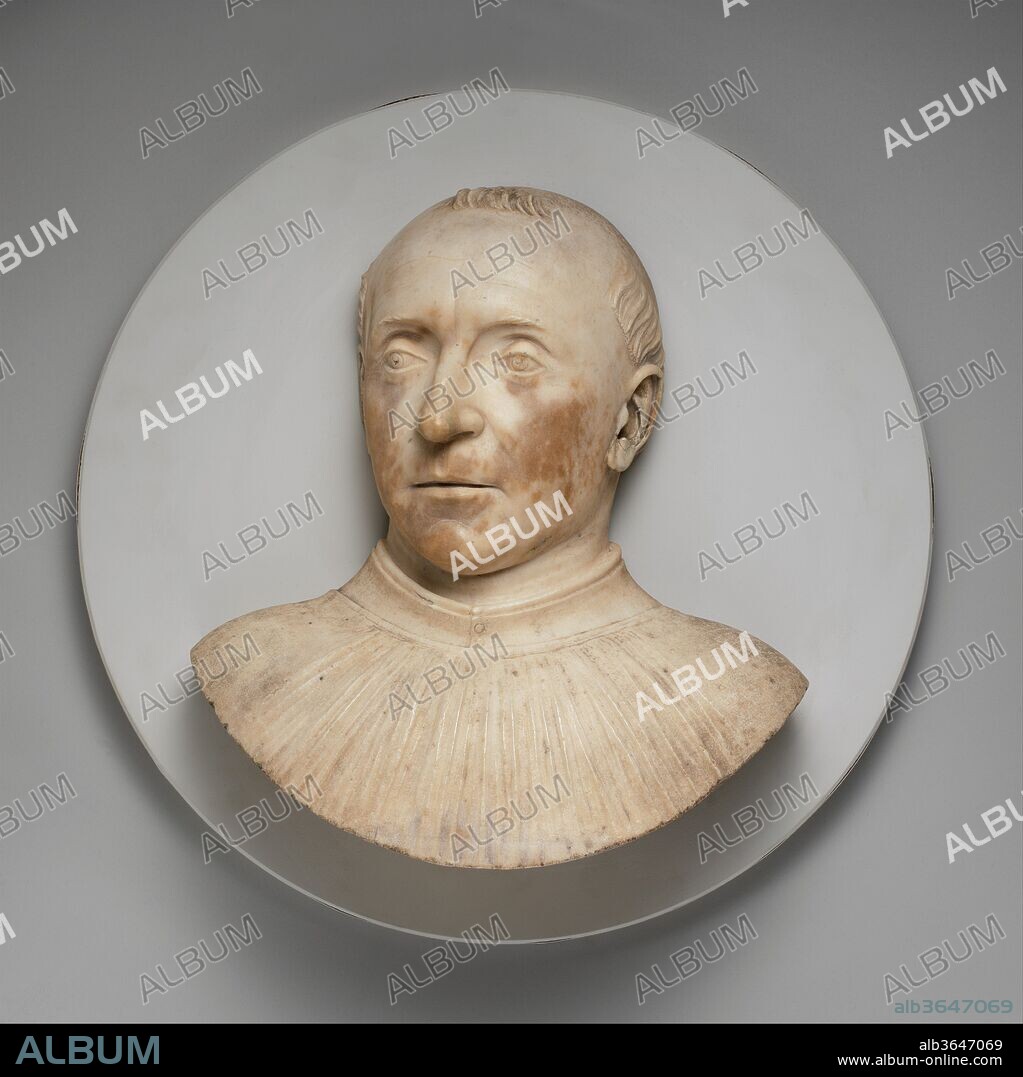 Cardinal Guillaume d'Estouteville (1403-1483), Bishop of Ostia and Cardinal Archbishop of Rouen. Artist: Mino da Fiesole (Mino di Giovanni) (Italian, Papiano or Montemignaio 1429-1484 Florence). Culture: Italian, Rome. Dimensions: Overall (wt confirmed): 14 1/8 in., 47lb. (35.9 cm, 21.3191kg). Date: third quarter 15th century.
Cardinal d'Estetouteville (1403-1483), a rich French prelate, commissioned Mino da Fiesole to produce the marble ciborium in Santa Maria Maggiore, Rome, finished in 1461 and since dismantled, one of whose reliefs bears the cardinal's portrait. Our bust in high relief surely also occupied an architectural setting.