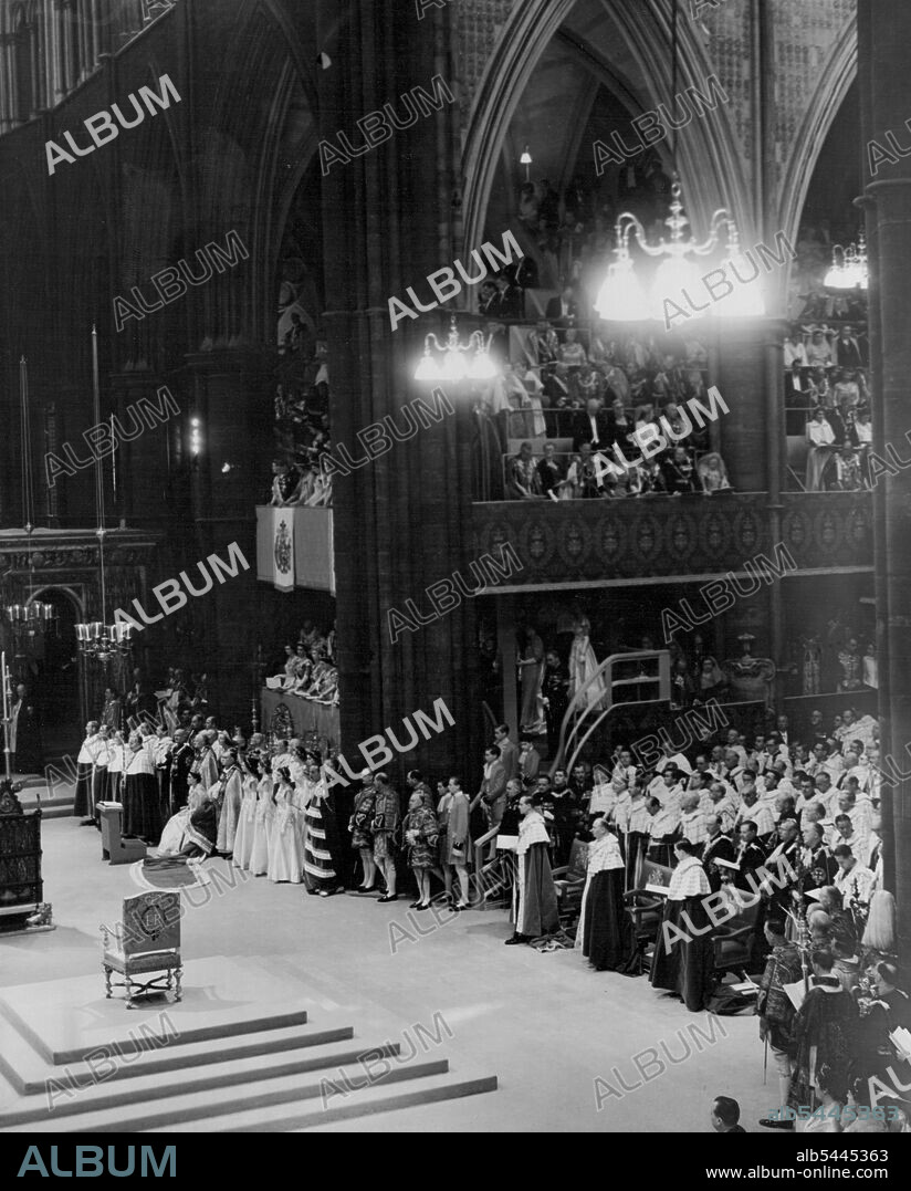 The Coronation Service -- Queen Elizabeth II was crowned in Westminster Abbey to-day. Inside the Abbey - The Crowning. June 02, 1953. (Photo by Associated Newspapers).