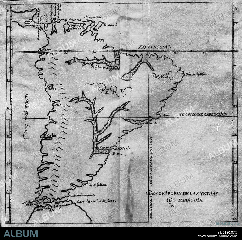 ANTONIO HERRERA Y TORDESILLAS. MAPA DE AMERICA DEL SUR - HISTORIA GENERAL DE LAS INDIAS OCCIDENTALES - SIGLO XVI.