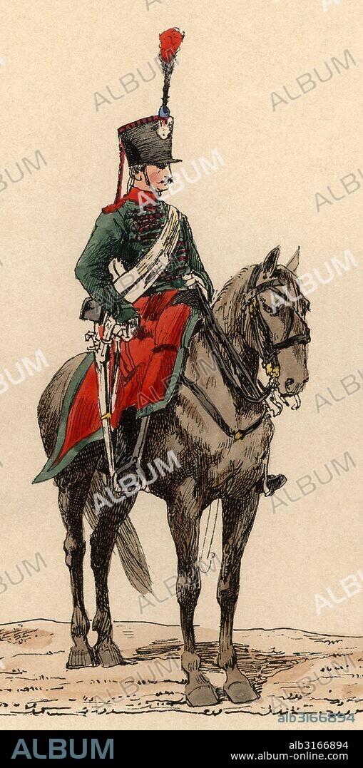 CHARLES ÉDOUARD ARMAND-DUMARESQ. Francia. Uniforme del Regimiento de cazadores. Soldado a caballo en 1823.