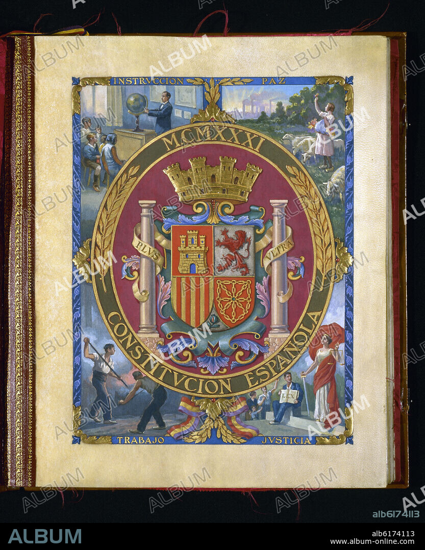 CONSTITUCION DE LA II REPUBLICA ESPAÑOLA 1931-PORTADA-ESCUDO CON LA INSTRUCCION,PAZ,TRABAJO Y JUSTIC.