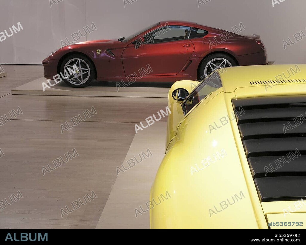 Lamborghini Miura and a Ferrari 599 GTB Fiorano, Mitomacchina exhibition, Museum of Modern Art, MART, Rovereto, Italy, Europe.