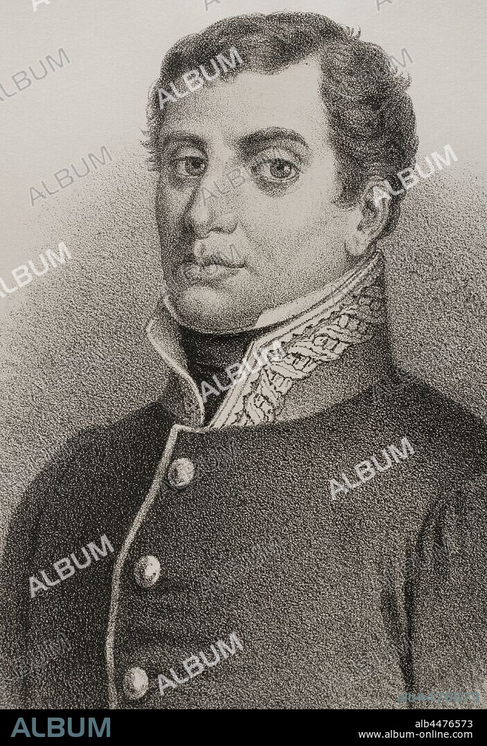 Rafael del Riego (1784-1823). Militar y político liberal español. Dibujo por J. Cebrian. Detalle. Crónica General de España, Historia Ilustrada y Descriptiva de sus Provincias. Tomo Asturias y León, 1867. Biblioteca Histórico Militar de Barcelona, Cataluña, España.