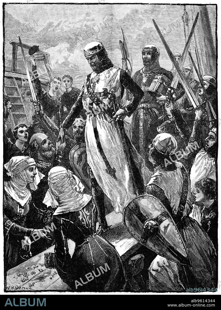WILLIAM HEYSHAM OVEREND. Richard I, Coeur de Lion landing at Sandwich in Kent, 14 March 1194, (c1880).  Richard the Lionheart (1157-1199), was the eldest son of Henry II and Eleanor of Aquitaine, and second  Angevin (Plantagenet) king of England, (1189-1199).  On his way home from the Third Crusade (1189-1192) he was shipwrecked and began to make his way across Europe in disguise. He was recognised and held to ransom by Emperor Henry VI. England paid the ransom and Richard was released.