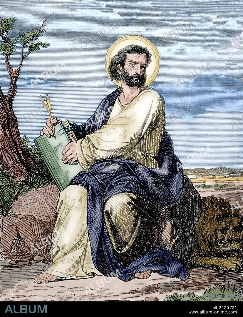 SAN MARCOS EVANGELISTA. Siglo I. Autor del Evangelio de Marcos y fundador y primer obispo de la Iglesia de Alejandría. Grabado por Severini. "Año Cristiano", 1881. Coloreado.