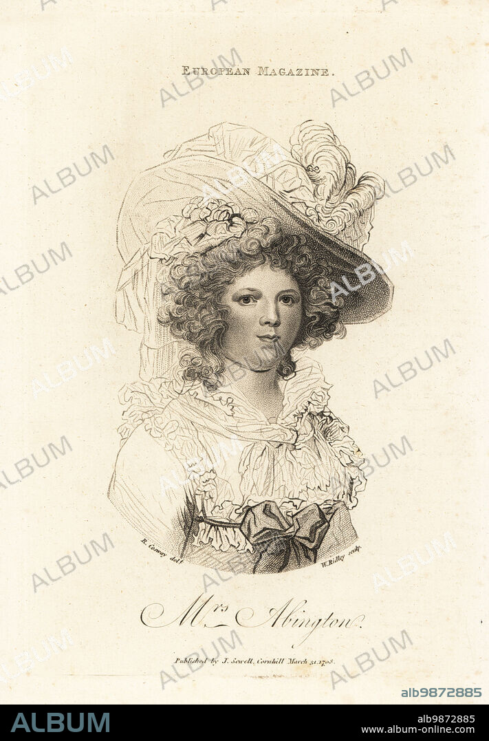 Mrs. Frances Abington (1737-1815), English actress who performed at Drury Lane and Covent Garden. In bonnet with plumes and veil, dress with lacey collar and large ribbon bow tied at the bosom. Oval portrait copperplate engraving after a painting by Richard Cosway, engraved by William Ridley, from the European Magazine, J. Sewell, Cornhill, 1798.