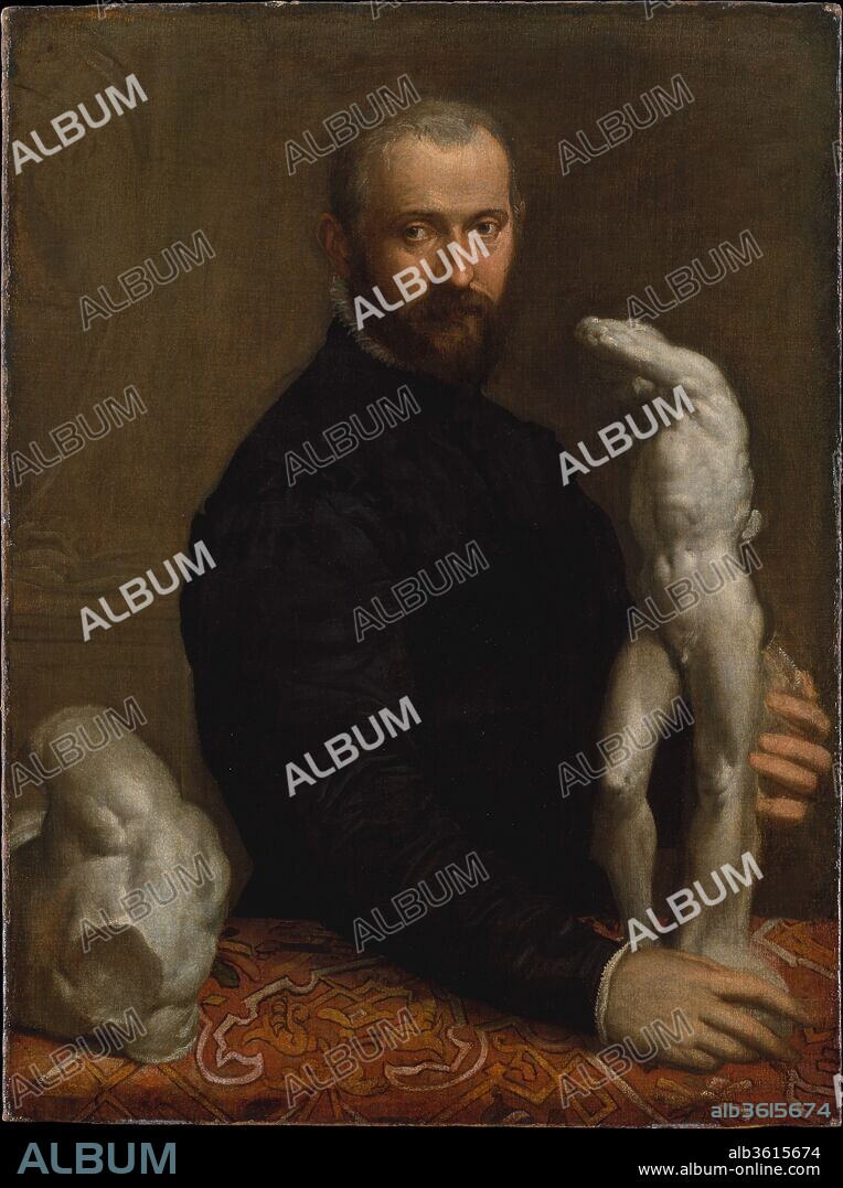 Alessandro Vittoria (1524/25-1608). Artist: Paolo Veronese (Paolo Caliari) (Italian, Verona 1528-1588 Venice). Dimensions: 43 1/2 x 32 1/4 in. (110.5 x 81.9 cm). Date: ca. 1580.
In this portrait the features of the greatest Venetian sculptor of the later sixteenth century, Alessandro Vittoria, are recorded by the greatest painter of his generation, Veronese. Vittoria is shown with the model for one of his most famous statues, the <i>Saint Sebastian</i>, carved in 1561-62 for the church of San Francesco della Vigna in Venice. This figure was later cast by Vittoria twice as a bronze statuette--one of these belongs to the Metropolitan. Vittoria had portraits of himself holding his own sculpture painted by eminent artists at various times in his life; five were hung near the studio in his house where they could be seen by clients and visitors. This portrait was done around 1580 when the sitter was about fifty-five.