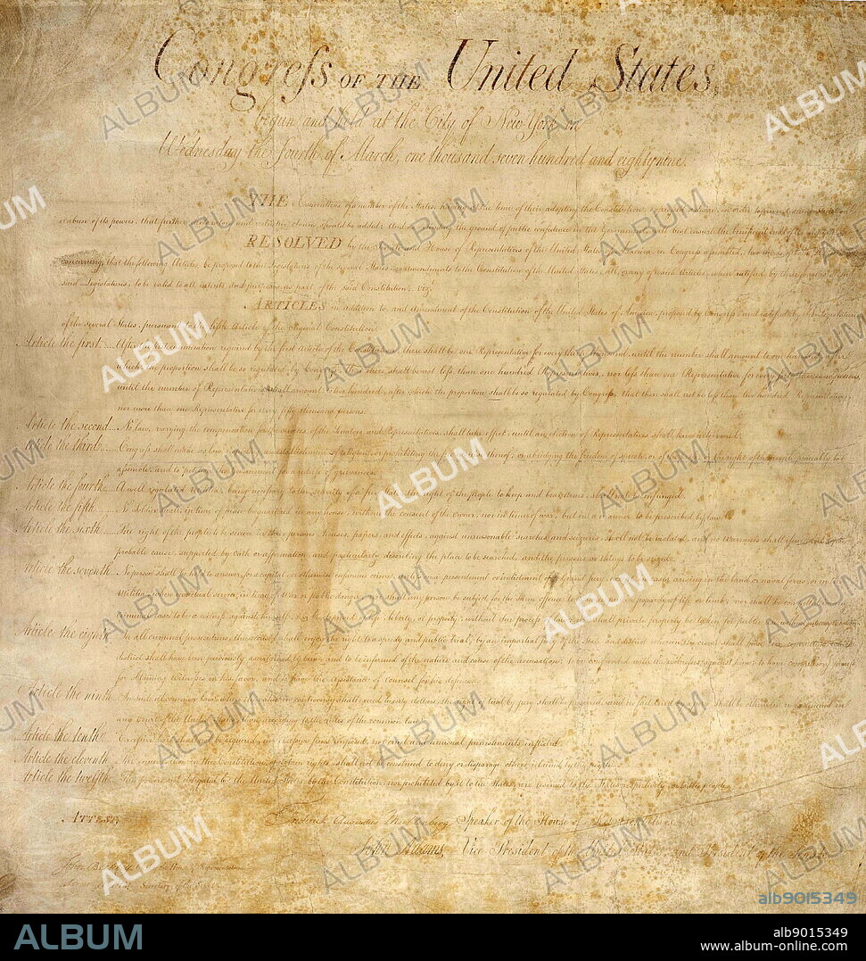 The United States, Bill of Rights; the first ten amendments to the United States Constitution. Proposed following the 1787-88 battle over ratification of the U.S. Constitution, and crafted to address the objections raised by Anti-Federalists, the Bill of Rights amendments add to the Constitution specific guarantees of personal freedoms and rights, clear limitations on the government's power in judicial and other proceedings, and explicit declarations that all powers not specifically delegated to Congress by the Constitution are reserved for the states or the people. on September 25, 1789, Congress approved twelve articles of amendment to the Constitution. Articles Three through Twelve were ratified as additions to the Constitution on December 15, 1791, and became Amendments One through Ten of the Constitution. Article Two became part of the Constitution on May 5, 1992. Article One is still pending before the states.
