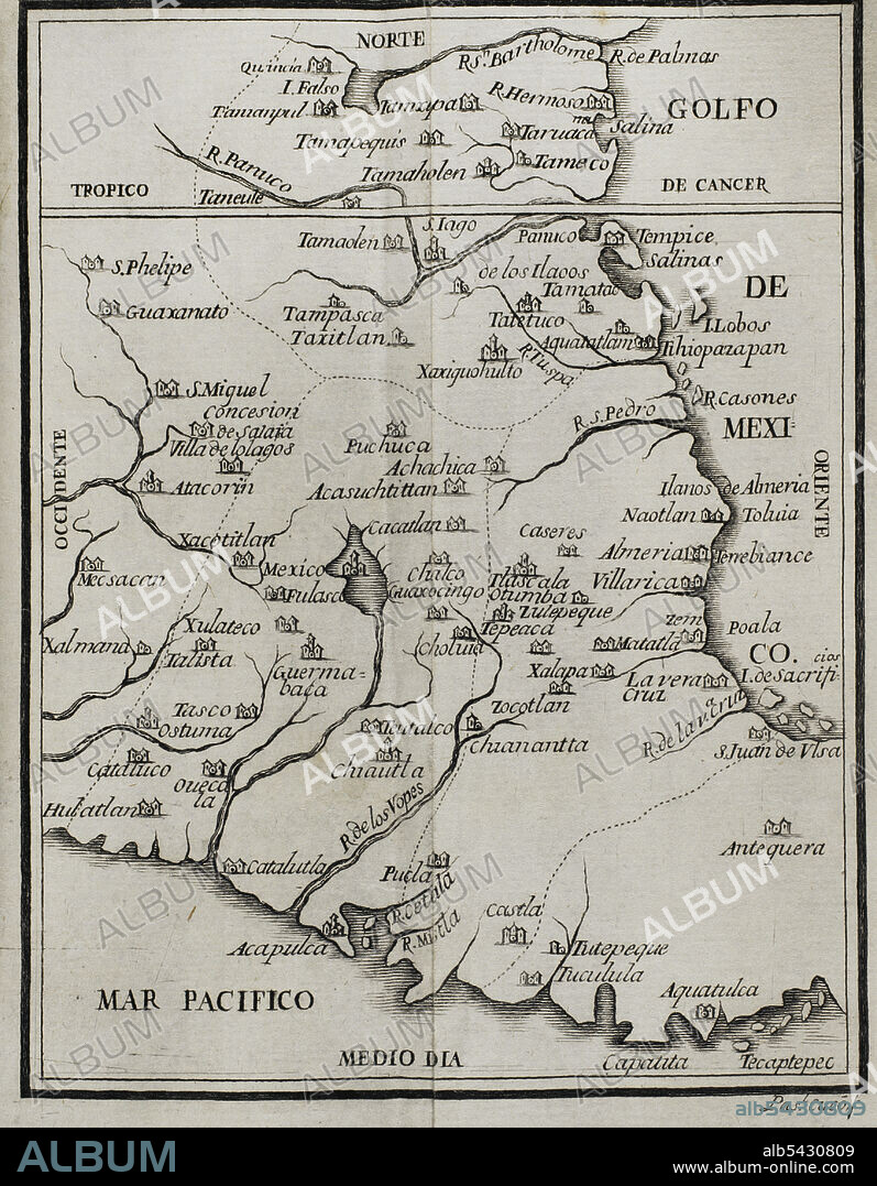 Mapa del territorio de Nueva España. "Historia de la Conquista de México, población, y progresos de la América Septentrional, conocida por el nombre de Nueva España". Escrita por el cronista Antonio de Solís y Rivadeneryra (1610-1686). Tomo I. Edición editada en Barcelona y dividida en dos tomos, año 1771. Impresor del Rey: Thomas Piferrer. Biblioteca Histórico Militar de Barcelona. Cataluña, España.